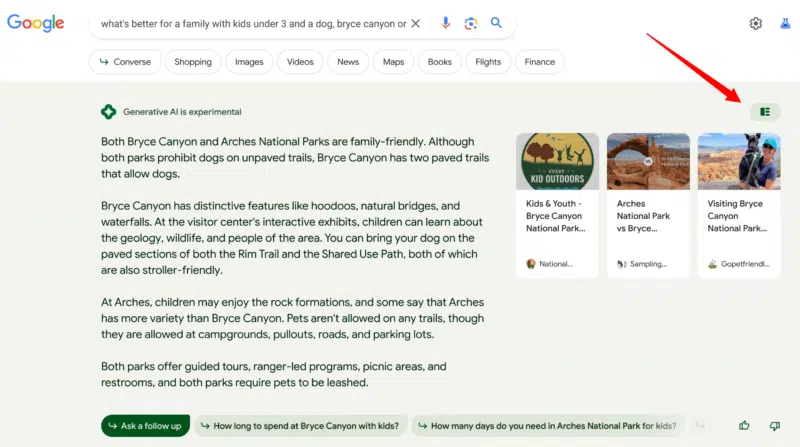 Google search generative AI result with toggles for more information